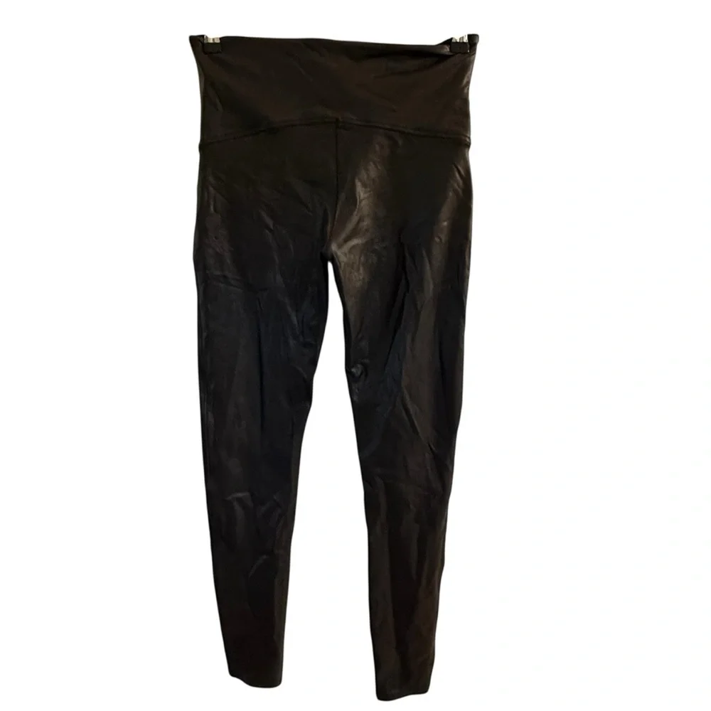 Black Spanx Leggings Stretchy Control Top faux Leather Size X-Large